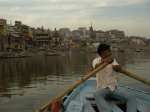 Our boat with the burning ghat in the background (as close as you can appropriately take a&nbsp;photo..)